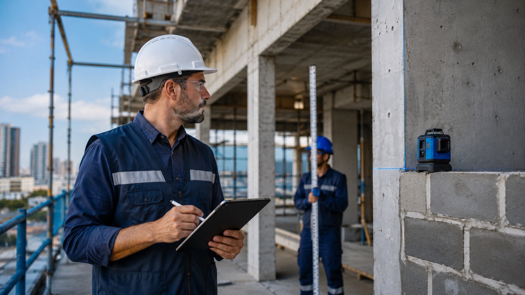 Profissional conferindo a medição de serviços em um canteiro de obras