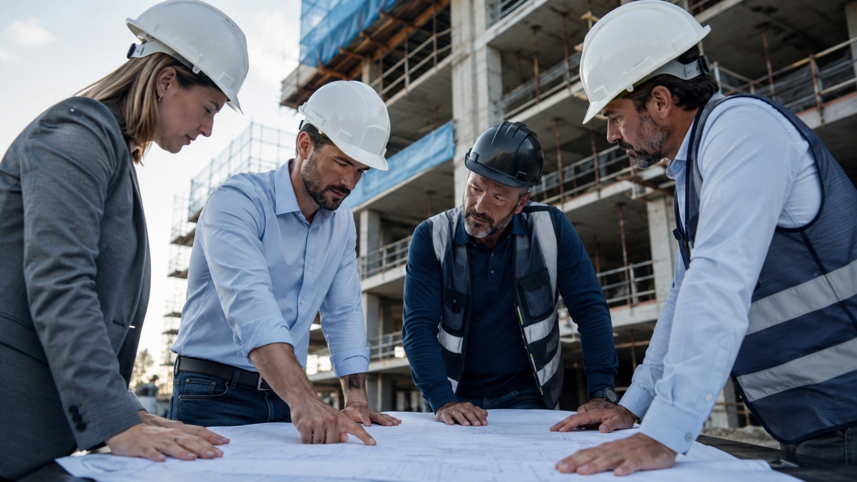 Equipe técnica reunida para analisar informações da obra